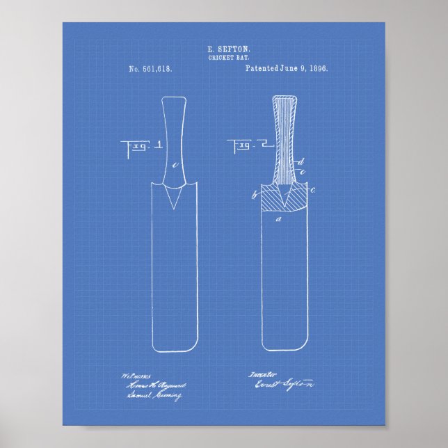 Póster Cricket Bat 1886 Patent Art Blueprint (Frente)