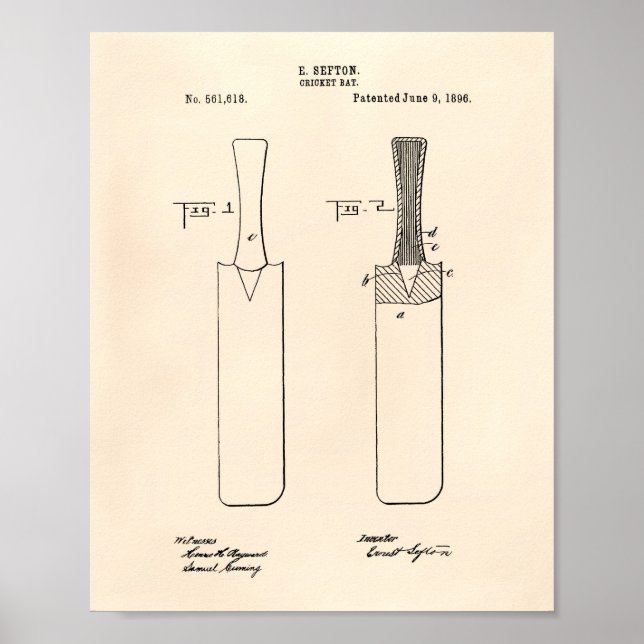 Póster Cricket Bat 1886 Patent Art Old Peper (Frente)