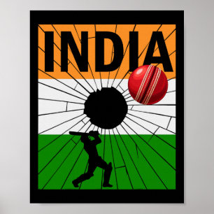 Póster Cricket de India con pincelada de la bandera india