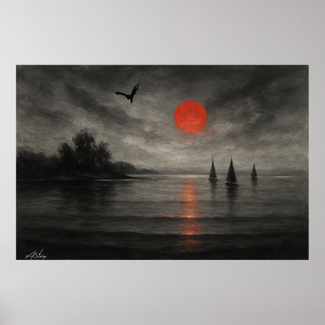 Póster Crimson Descent - Sailboats Beneath the Dragon Sky (Frente)
