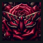 Póster Crimson Hawk Moth Red Rose Dark Gothic Botanical<br><div class="desc">A stunning dark botanical illustration of a crimson and black hawk moth centered perfectly on a deep red rose, surrounded by additional blooms and dark foliage. Hyper-detailed wing venation, rich crimson and cream coloring, and dramatic dark background create a gallery-quality piece equally at home in a dark academia study, a...</div>