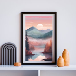 Póster Crimson Pines - Dreamy Forest Sunrise Landscape Ar