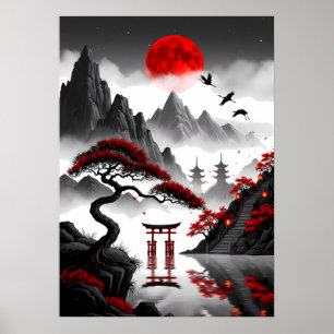 Póster Crimson Zen: Paisaje Japonés de la Luna Roja