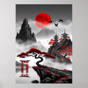 Póster Crimson Zen: Paisaje Japonés de la Luna Roja