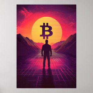 Póster Cripto de conjunto de sol de Bitcoin Retro