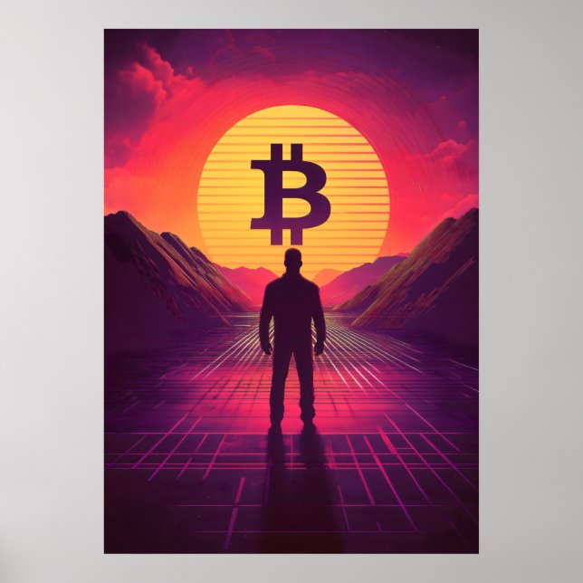 Póster Cripto de conjunto de sol de Bitcoin Retro (Frente)