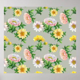 Póster Crisantemo acuarela, patrón floral sin fisuras