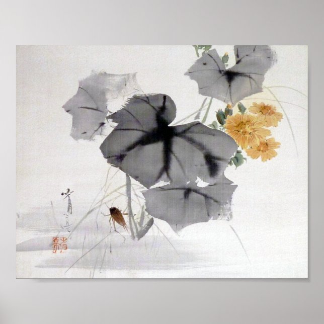 Póster Crisantemo salvaje y críquet, Watanabe Seitei (Frente)