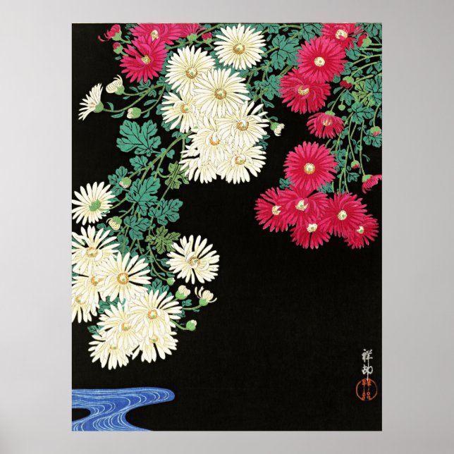 Póster Crisantemos, hermosa pintura de Ohara Koson (Frente)