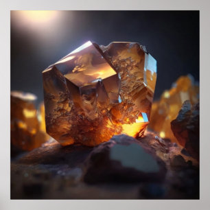 Póster Cristal inspirado en topacio ámbar con luz dorada