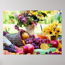 Póster Cronucopia del día de gracias con frutas y flores