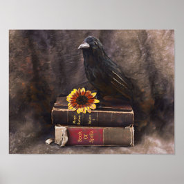 Póster Crow Gothage Viejos Libros Floral de girasol