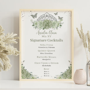 Póster Crown Sage Green Floral Quinceanera Bar Bebida Men
