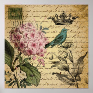 Póster crown script hydrangea bird french botanical