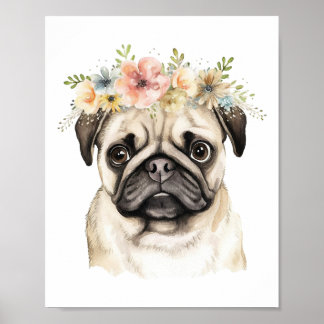 Póster Crown Watercolor de la flor de perro de Boho Pug