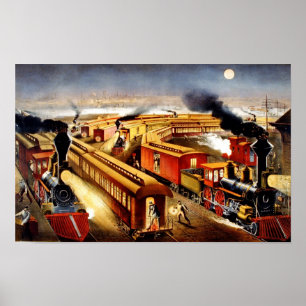 Póster cruce de ferrocarril americano por la noche