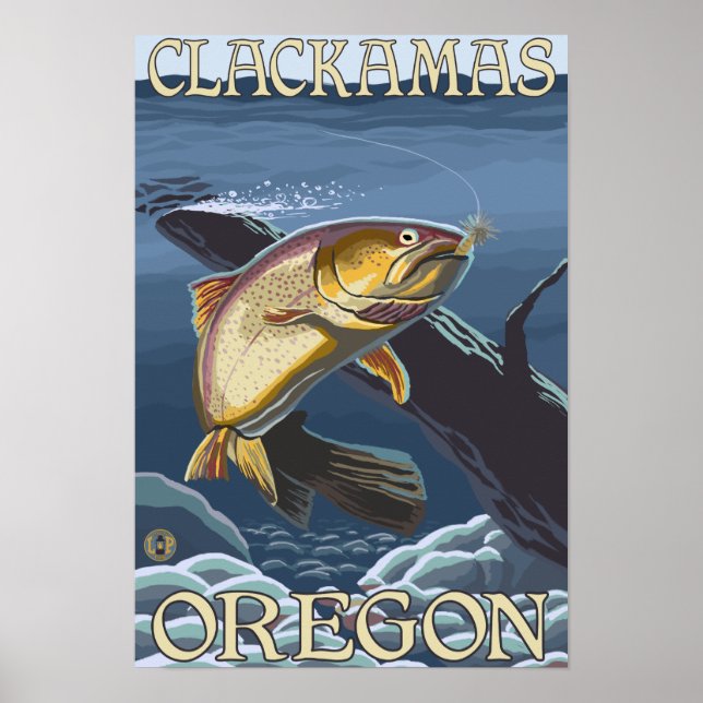 Póster Cruce de la trucha de pesca - Clackamas, (Frente)