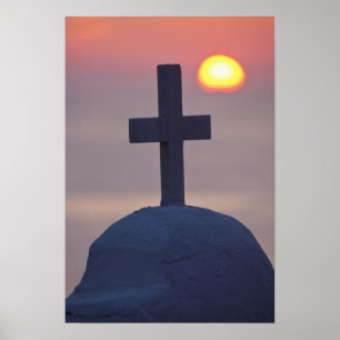 Póster Cruce sobre la iglesia al atardecer, Mykonos,