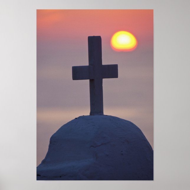 Póster Cruce sobre la iglesia al atardecer, Mykonos, (Frente)