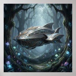 Póster Crucero Cósmico Mitológico Flotando Sobre Biolumin