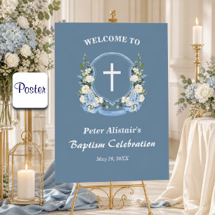 Póster Cruz Blanca Floral Crest Azul Polvoriento Bautizo