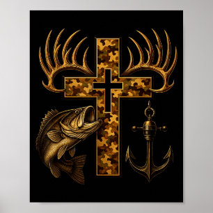 Póster Cruz camuflaje cristiana fe para pescadores y caza