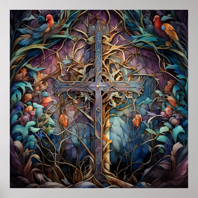 Póster Cruz Celta Rustada con vides y pájaros (Frente)