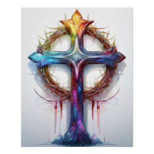 Póster Cruz cristiana colorida sobre la corona de espinas