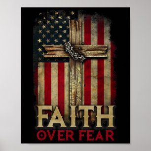 Póster Cruz Cristiana Fe Sobre Miedo Bandera Americana De