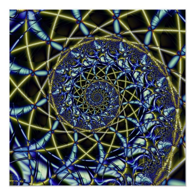 Póster Cruz de Criss | Arte fractal amarillo y azul (Anverso)