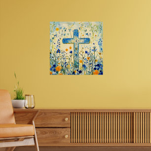 Póster Cruz de Pascua junto a campo de flores