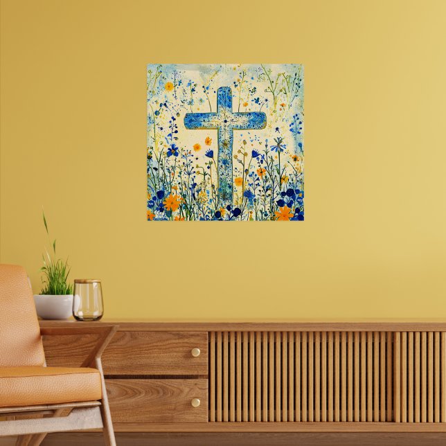 Póster Cruz de Pascua junto a campo de flores (Salón 2)