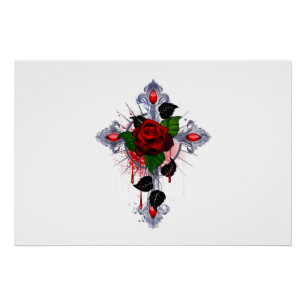 Póster Cruz de Plata con una Rosa Roja