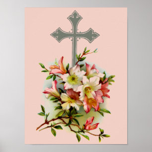 Póster Cruz de Plata y Flores Rosas