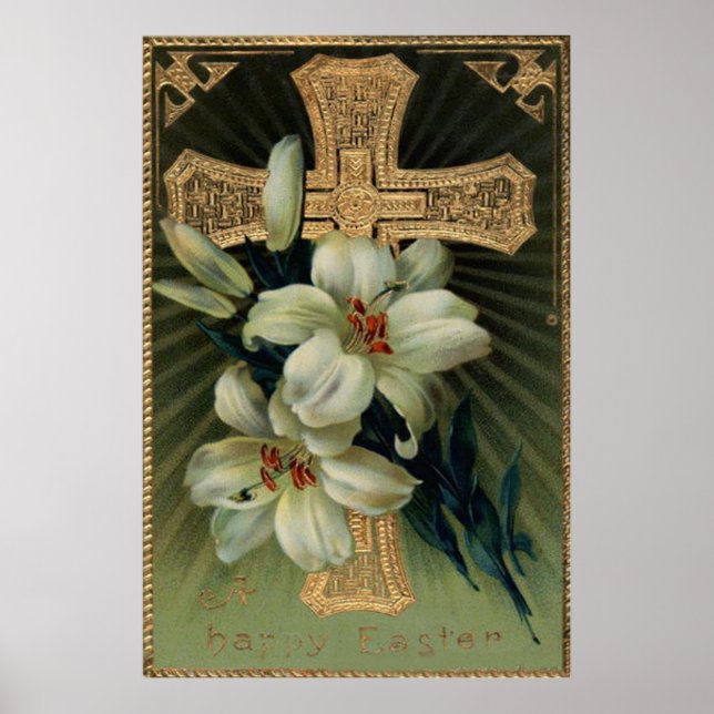 Póster Cruz dorada cristiana lirio de Pascua (Frente)