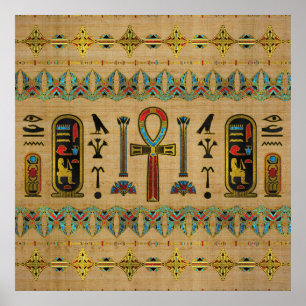 Póster Cruz egipcia - ornamento de Ankh en el papiro