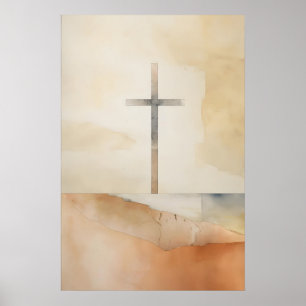 Póster Cruz en la colina al anochecer Acuarela minimalist