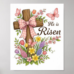Póster Cruz floral cristiana - Él ha resucitado Religiosa