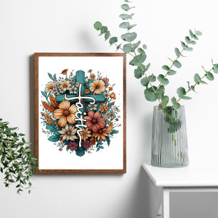 Póster Cruz Floral de Fe Cristiana Religiosa