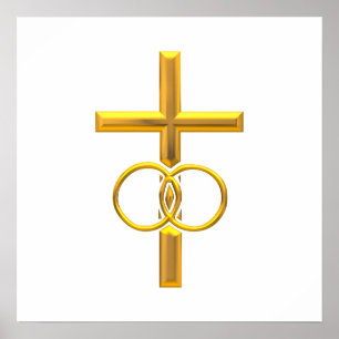Póster Cruz Golden 3-D con anillos Bodas