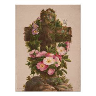 Póster Cruz rústica antigua, rosas silvestres, tarjeta de