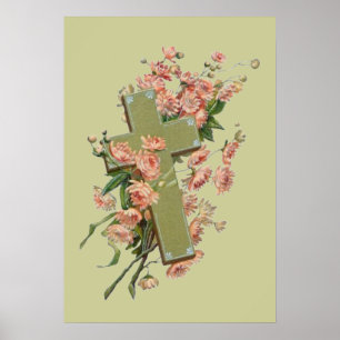 Póster Cruz verde con las flores rosadas