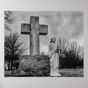 Póster Cruz y ángel en blanco y negro
