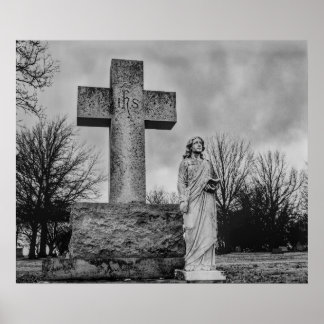 Póster Cruz y ángel en blanco y negro