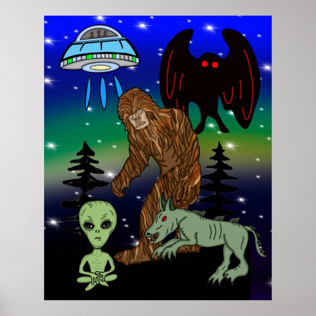 Póster Cryptid Big Foot Alien Mothman UFO Chupacabra (Frente)