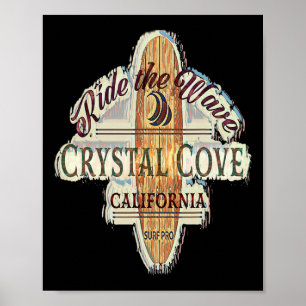 Póster Crystal Cove Surfing Distressed Vintage Retro Surf