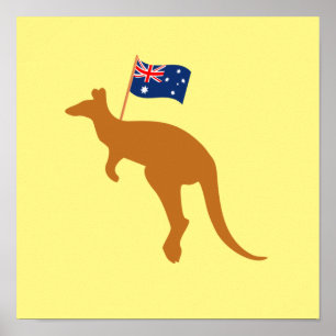Póster cuadrado amarillo de bandera de australia canguro