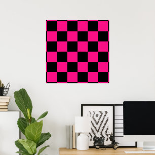Póster Cuadrados a cuadros rosa caliente negro geométrico