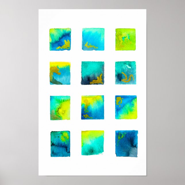 Póster Cuadrados azules acuarela abstracta (Frente)