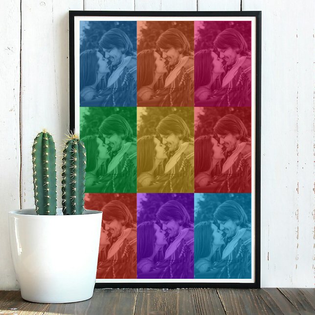 Póster Cuadrícula de fotos de Personalizado de Boda de ar (Colorful Retro Pop Art Wedding Custom Photo Grid Poster)